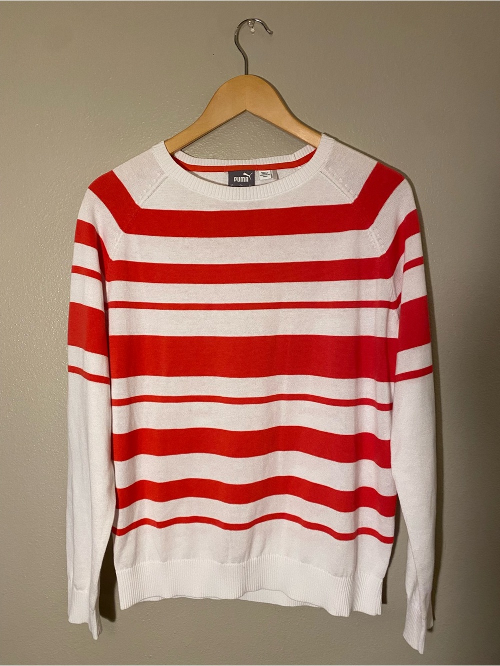 Puma Pink and White Striped Crewneck Knit Sweater Pullover Medium